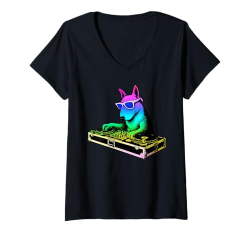 Damen Englischer Bullterrier DJ Musik Party Hundeliebhaber T-Shirt mit V-Ausschnitt Damen Englischer Bullterrier DJ Musik Party Hundeliebhaber T-Shirt mit V-Ausschnitt von Funny Bull Terrier House Music Dog Designs
