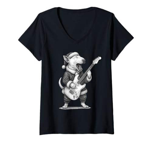 Damen Englischer Bullterrier spielt Gitarre Weihnachten Hundeliebhaber T-Shirt mit V-Ausschnitt Damen Englischer Bullterrier spielt Gitarre Weihnachten Hundeliebhaber T-Shirt mit V-Ausschnitt von Funny Bull Terrier Rock Music Dog Designs
