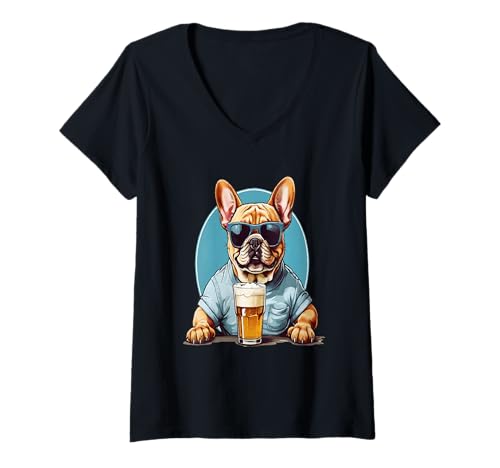 Damen Coole französische Bulldogge Bier Grafik für Männer Frauen T-Shirt mit V-Ausschnitt Damen Coole französische Bulldogge Bier Grafik für Männer Frauen T-Shirt mit V-Ausschnitt von Funny Bulldog Breeds for Men Women Graphic Print
