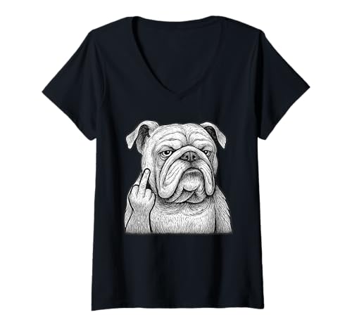 Damen Englische Bulldogge, Mittelfinger, sarkastischer Hundeliebhaber T-Shirt mit V-Ausschnitt Damen Englische Bulldogge, Mittelfinger, sarkastischer Hundeliebhaber T-Shirt mit V-Ausschnitt von Funny Bulldog Flipping Off Dog Designs