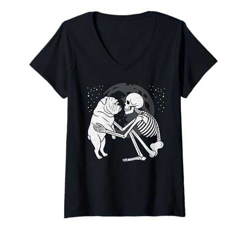 Damen Englische Bulldogge Skelett Mond Halloween Hundeliebhaber T-Shirt mit V-Ausschnitt Damen Englische Bulldogge Skelett Mond Halloween Hundeliebhaber T-Shirt mit V-Ausschnitt von Funny Bulldog Gothic Dog Designs
