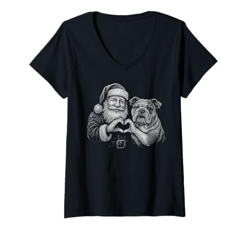Damen Englische Bulldogge, Weihnachtsmann, Herzform, für Hundeliebhaber T-Shirt mit V-Ausschnitt Damen Englische Bulldogge, Weihnachtsmann, Herzform, für Hundeliebhaber T-Shirt mit V-Ausschnitt von Funny Bulldog Holiday Dog Designs