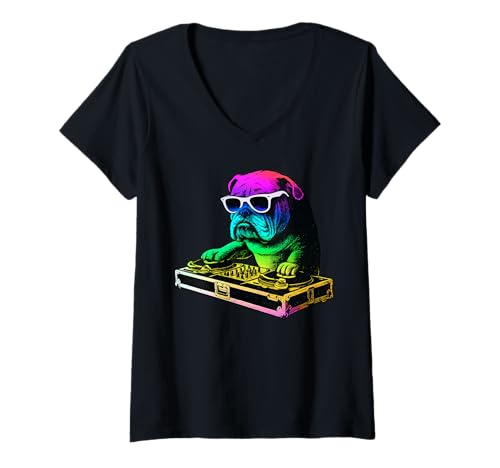 Damen Englische Bulldogge DJ Musik Party Hundeliebhaber T-Shirt mit V-Ausschnitt Damen Englische Bulldogge DJ Musik Party Hundeliebhaber T-Shirt mit V-Ausschnitt von Funny Bulldog House Music Dog Designs