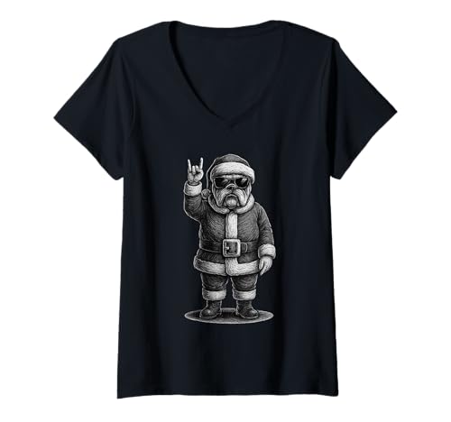 Damen Englische Bulldogge Rockmusik Weihnachten Hundeliebhaber T-Shirt mit V-Ausschnitt Damen Englische Bulldogge Rockmusik Weihnachten Hundeliebhaber T-Shirt mit V-Ausschnitt von Funny Bulldog Rock And Roll Dog Designs
