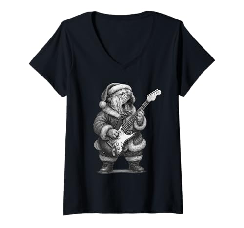 Damen Englische Bulldogge spielt Gitarre Weihnachten Hundeliebhaber T-Shirt mit V-Ausschnitt von Funny Bulldog Rock Music Dog Designs