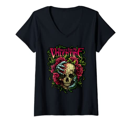 Damen Funny Bullet My Valentine Horror mit Totenkopf, Rosen und rotem Blut T-Shirt mit V-Ausschnitt Damen Funny Bullet My Valentine Horror mit Totenkopf, Rosen und rotem Blut T-Shirt mit V-Ausschnitt von Funny Bullet My Valentine