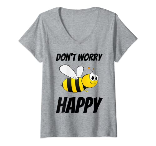 Damen Don't Worry Be (Bee) Happy Cute Bumble Bee T-Shirt T-Shirt mit V-Ausschnitt von Funny Bumble Bee Shirts