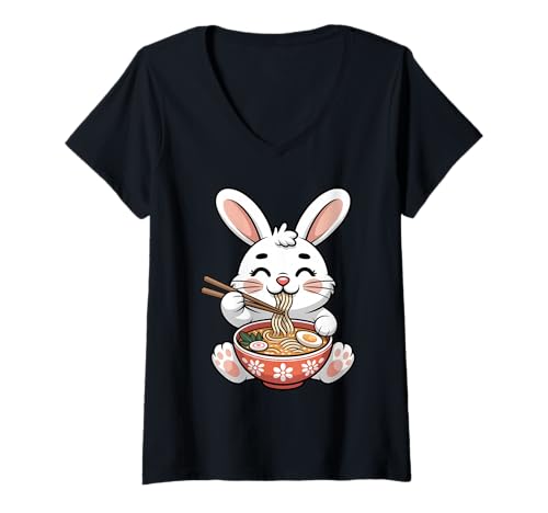 Damen Niedlicher Hase, der Ramen isst, japanische Kawaii-Tiernudeln T-Shirt mit V-Ausschnitt von Funny Bunny Ramen Lover Apparel
