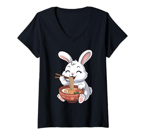 Damen Niedlicher Hase, der Ramen isst, japanische Kawaii-Tiernudeln T-Shirt mit V-Ausschnitt von Funny Bunny Ramen Lover Apparel