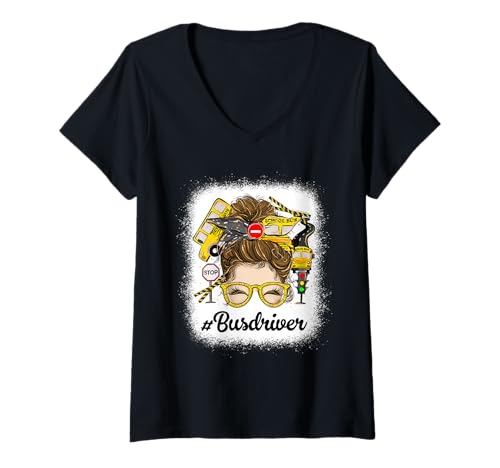 Damen Schulbusfahrer Messy Bun Funny Bus Driver Wertschätzung T-Shirt mit V-Ausschnitt Damen Schulbusfahrer Messy Bun Funny Bus Driver Wertschätzung T-Shirt mit V-Ausschnitt von Funny Bus Driver Designs