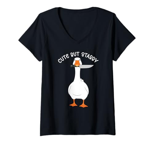 Damen Funny Cute BUT Stabby Goose T-Shirt mit V-Ausschnitt Damen Funny Cute BUT Stabby Goose T-Shirt mit V-Ausschnitt von Funny CUTE BUT STABBY GOOSE Outfits