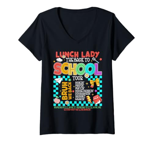 Damen Mittagessen: Dame zum Schulanfang, Kocharbeiter, Cafeteria-Crew T-Shirt mit V-Ausschnitt Damen Mittagessen: Dame zum Schulanfang, Kocharbeiter, Cafeteria-Crew T-Shirt mit V-Ausschnitt von Funny Cafeteria Lunch Lady Back To School Apparel