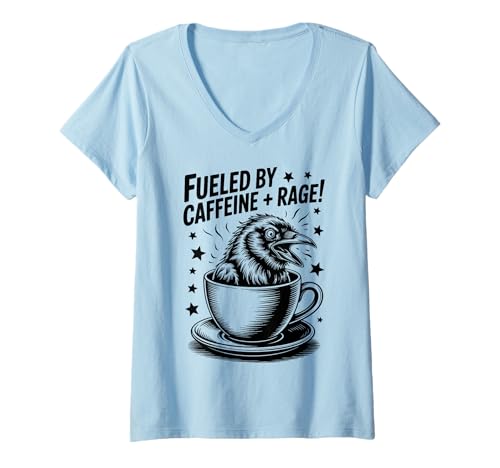 Damen Angetrieben von Caffeine Rage Funny Crow and Coffee T-Shirt mit V-Ausschnitt von Funny Caffeine Cool Crow Coffee Design