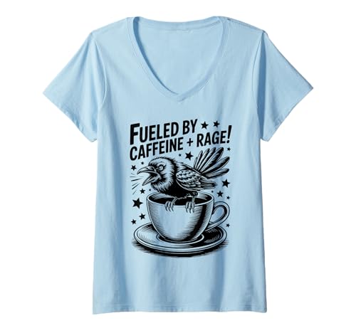 Damen Angetrieben von Caffeine Rage Funny Crow and Coffee T-Shirt mit V-Ausschnitt Damen Angetrieben von Caffeine Rage Funny Crow and Coffee T-Shirt mit V-Ausschnitt von Funny Caffeine Cool Crow Coffee Designs