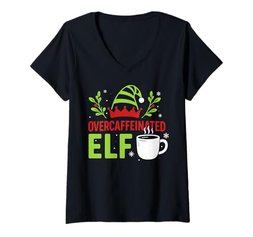 Damen Überkoffeinierte Elfe süßer Kaffeeliebhaber festlich Weihnachten T-Shirt mit V-Ausschnitt Damen Überkoffeinierte Elfe süßer Kaffeeliebhaber festlich Weihnachten T-Shirt mit V-Ausschnitt von Funny Caffeine Lover Minimal Retro Christmas