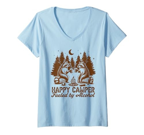 Damen Camping Waschbär Trinken Bier Happy Camper Angetrieben durch Alkohol T-Shirt mit V-Ausschnitt Damen Camping Waschbär Trinken Bier Happy Camper Angetrieben durch Alkohol T-Shirt mit V-Ausschnitt von Funny Camping Camper Drinking Beer Gift