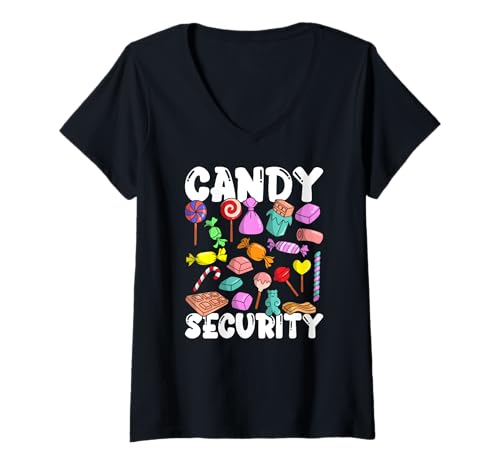 Damen Candy Security Protection Halloween Candy Sicherheitskostüm T-Shirt mit V-Ausschnitt von Funny Candy Security Costume