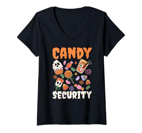 Damen Candy Security Protection Halloween Kostüm T-Shirt mit V-Ausschnitt von Funny Candy Security Costume