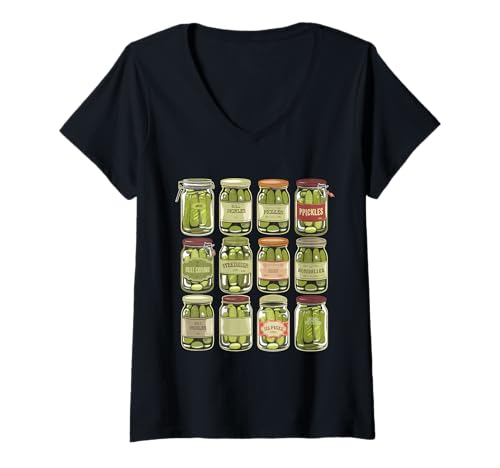 Damen Eingemachte Gurken Glas Eingelegte Retro Gurkengläser T-Shirt mit V-Ausschnitt Damen Eingemachte Gurken Glas Eingelegte Retro Gurkengläser T-Shirt mit V-Ausschnitt von Funny Canned Pickles Cute Pickle Jar Vegetable