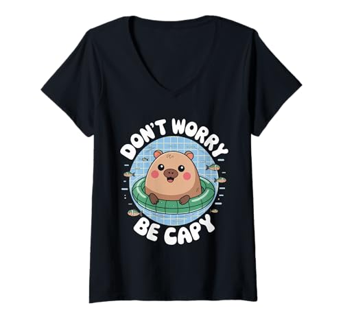 Damen Kawaii Pool Float Capybara Vibes | Don't Worry Be Capy T-Shirt mit V-Ausschnitt Damen Kawaii Pool Float Capybara Vibes | Don't Worry Be Capy T-Shirt mit V-Ausschnitt von Funny Capibara Graphic