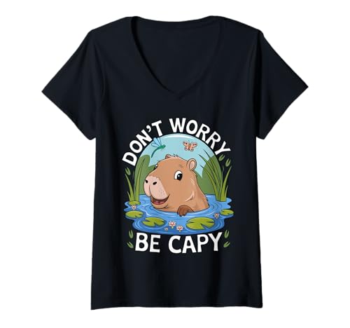 Damen Süße Capybara Pond Vibes Grafik | Don't Worry Be Capy T-Shirt mit V-Ausschnitt Damen Süße Capybara Pond Vibes Grafik | Don't Worry Be Capy T-Shirt mit V-Ausschnitt von Funny Capibara Graphic