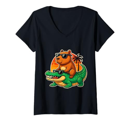 Damen Lustiges Capybara auf Krokodil Retro Sonnenuntergang Meme T-Shirt mit V-Ausschnitt Damen Lustiges Capybara auf Krokodil Retro Sonnenuntergang Meme T-Shirt mit V-Ausschnitt von Funny Capybara Alligator Duo Ride Cool Beach