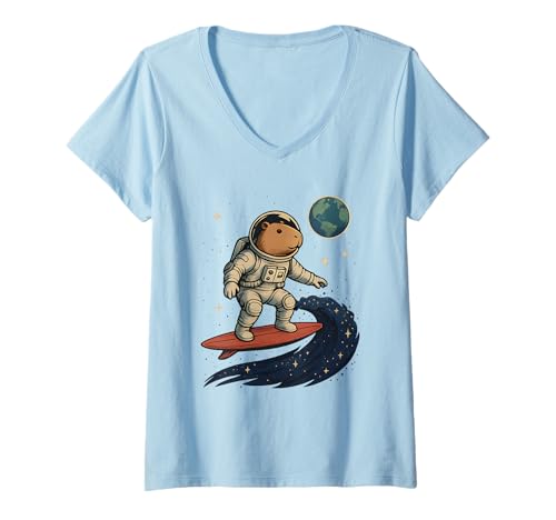 Damen Capybara Astronaut Surfen im Weltraum Capy Männer Frauen Kinder T-Shirt mit V-Ausschnitt Damen Capybara Astronaut Surfen im Weltraum Capy Männer Frauen Kinder T-Shirt mit V-Ausschnitt von Funny Capybara Animal Astronaut Apparel