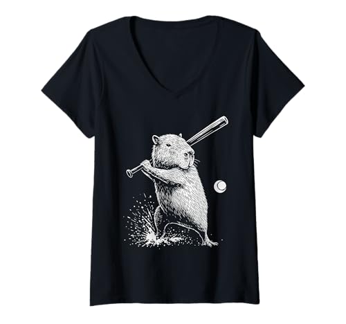 Damen Capybara Baseball Sport Tierliebhaber T-Shirt mit V-Ausschnitt Damen Capybara Baseball Sport Tierliebhaber T-Shirt mit V-Ausschnitt von Funny Capybara Baseball Player Animal Designs