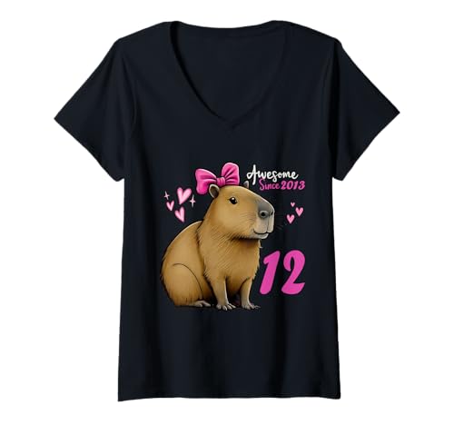 Damen Kinder 12 Jahre alt Capybara Geburtstag für Mädchen 12. Capybara T-Shirt mit V-Ausschnitt von Funny Capybara Birthday Party