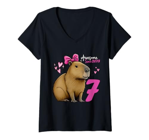 Damen Kinder 7 Jahre alt Capybara Geburtstag für Mädchen 7. Capybara T-Shirt mit V-Ausschnitt Damen Kinder 7 Jahre alt Capybara Geburtstag für Mädchen 7. Capybara T-Shirt mit V-Ausschnitt von Funny Capybara Birthday Party