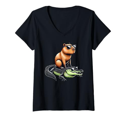 Damen Capybara Crocodile Sunglasses T-Shirt mit V-Ausschnitt Damen Capybara Crocodile Sunglasses T-Shirt mit V-Ausschnitt von Funny Capybara Crocodile Apparel