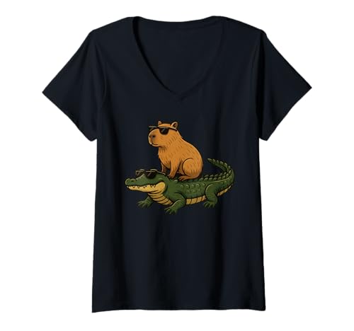 Damen Capybara Crocodile Sunglasses T-Shirt mit V-Ausschnitt Damen Capybara Crocodile Sunglasses T-Shirt mit V-Ausschnitt von Funny Capybara Crocodile Apparel