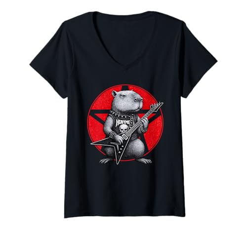 Damen Capybara Heavy Metal Gitarre Rock Animal Lover T-Shirt mit V-Ausschnitt Damen Capybara Heavy Metal Gitarre Rock Animal Lover T-Shirt mit V-Ausschnitt von Funny Capybara Death Metal Music Animal Designs