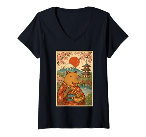 Damen Capybara isst Tokoyaki im Kimono Mount Fuji Cherry Blossom T-Shirt mit V-Ausschnitt Damen Capybara isst Tokoyaki im Kimono Mount Fuji Cherry Blossom T-Shirt mit V-Ausschnitt von Funny Capybara Eating Tokoyaki Japanese Aesthetic