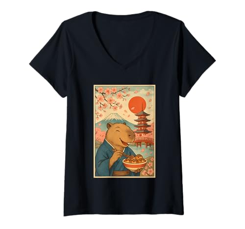 Damen Capybara isst Tokoyaki im Kimono Mount Fuji Cherry Blossom T-Shirt mit V-Ausschnitt Damen Capybara isst Tokoyaki im Kimono Mount Fuji Cherry Blossom T-Shirt mit V-Ausschnitt von Funny Capybara Eating Tokoyaki Japanese Aesthetic