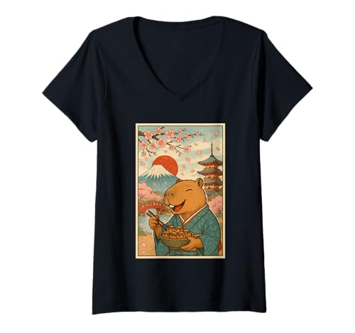 Damen Capybara isst Tokoyaki im Kimono Mount Fuji Cherry Blossom T-Shirt mit V-Ausschnitt Damen Capybara isst Tokoyaki im Kimono Mount Fuji Cherry Blossom T-Shirt mit V-Ausschnitt von Funny Capybara Eating Tokoyaki Japanese Aesthetic