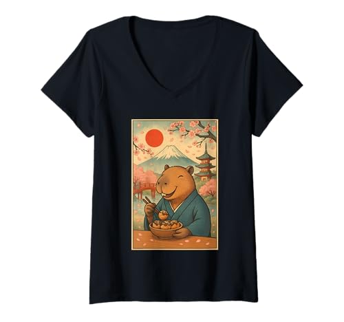 Damen Capybara isst Tokoyaki im Kimono Mount Fuji Cherry Blossom T-Shirt mit V-Ausschnitt Damen Capybara isst Tokoyaki im Kimono Mount Fuji Cherry Blossom T-Shirt mit V-Ausschnitt von Funny Capybara Eating Tokoyaki Japanese Aesthetic