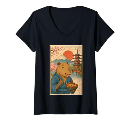Damen Capybara isst Tokoyaki im Kimono Mount Fuji Cherry Blossom T-Shirt mit V-Ausschnitt Damen Capybara isst Tokoyaki im Kimono Mount Fuji Cherry Blossom T-Shirt mit V-Ausschnitt von Funny Capybara Eating Tokoyaki Japanese Aesthetic