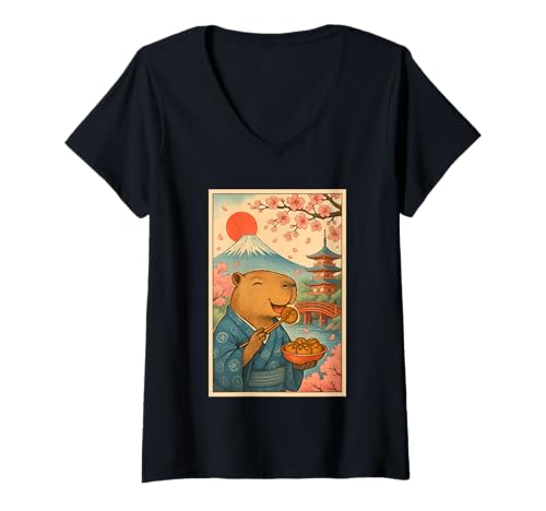 Damen Capybara isst Tokoyaki im Kimono Mount Fuji Cherry Blossom T-Shirt mit V-Ausschnitt Damen Capybara isst Tokoyaki im Kimono Mount Fuji Cherry Blossom T-Shirt mit V-Ausschnitt von Funny Capybara Eating Tokoyaki Japanese Aesthetic
