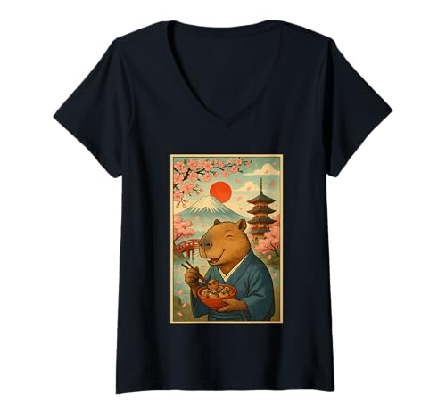 Damen Capybara isst Tokoyaki im Kimono Mount Fuji Cherry Blossom T-Shirt mit V-Ausschnitt Damen Capybara isst Tokoyaki im Kimono Mount Fuji Cherry Blossom T-Shirt mit V-Ausschnitt von Funny Capybara Eating Tokoyaki Japanese Aesthetic