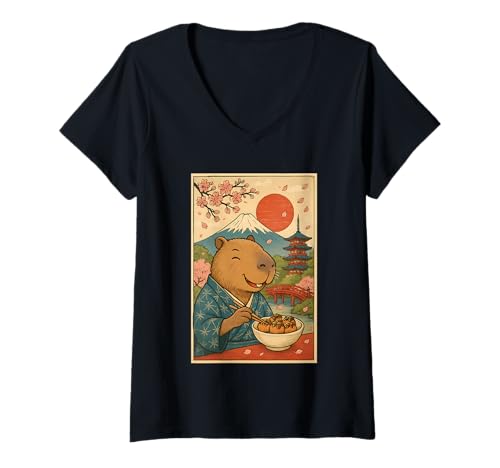 Damen Capybara isst Tokoyaki im Kimono Mount Fuji Cherry Blossom T-Shirt mit V-Ausschnitt Damen Capybara isst Tokoyaki im Kimono Mount Fuji Cherry Blossom T-Shirt mit V-Ausschnitt von Funny Capybara Eating Tokoyaki Japanese Aesthetic