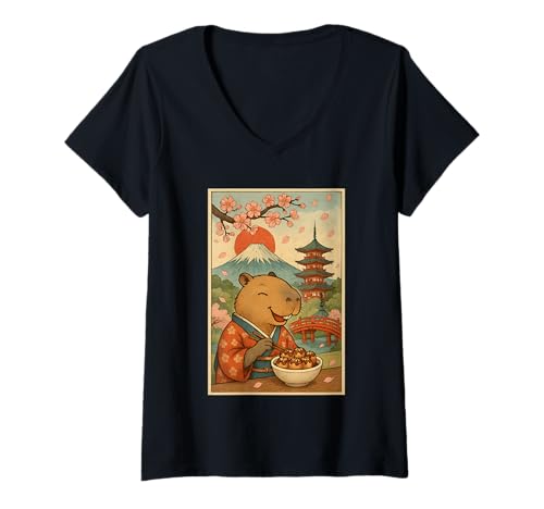 Damen Capybara isst Tokoyaki im Kimono Mount Fuji Cherry Blossom T-Shirt mit V-Ausschnitt Damen Capybara isst Tokoyaki im Kimono Mount Fuji Cherry Blossom T-Shirt mit V-Ausschnitt von Funny Capybara Eating Tokoyaki Japanese Aesthetic