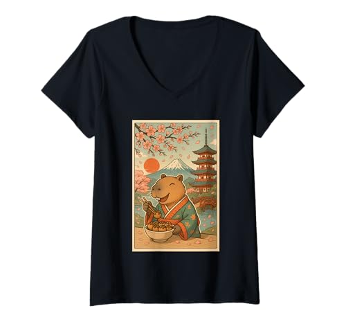 Damen Capybara trägt Kimono Essen Takoyaki Fuji Kirschblüten T-Shirt mit V-Ausschnitt Damen Capybara trägt Kimono Essen Takoyaki Fuji Kirschblüten T-Shirt mit V-Ausschnitt von Funny Capybara Eating Tokoyaki Japanese Aesthetic