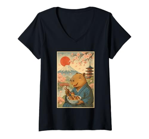 Damen Capybara trägt Kimono Essen Takoyaki Fuji Kirschblüten T-Shirt mit V-Ausschnitt Damen Capybara trägt Kimono Essen Takoyaki Fuji Kirschblüten T-Shirt mit V-Ausschnitt von Funny Capybara Eating Tokoyaki Japanese Aesthetic