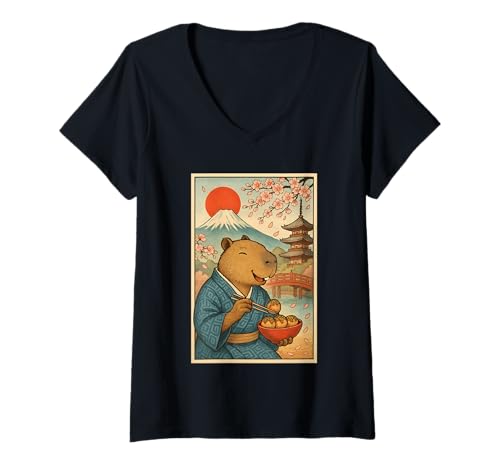Damen Capybara trägt Kimono Essen Takoyaki Fuji Kirschblüten T-Shirt mit V-Ausschnitt Damen Capybara trägt Kimono Essen Takoyaki Fuji Kirschblüten T-Shirt mit V-Ausschnitt von Funny Capybara Eating Tokoyaki Japanese Aesthetic