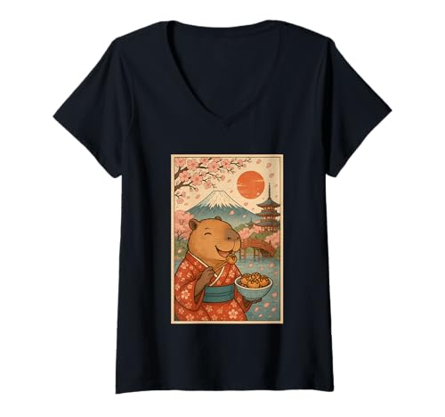 Damen Capybara trägt Kimono Essen Takoyaki Fuji Kirschblüten T-Shirt mit V-Ausschnitt Damen Capybara trägt Kimono Essen Takoyaki Fuji Kirschblüten T-Shirt mit V-Ausschnitt von Funny Capybara Eating Tokoyaki Japanese Aesthetic