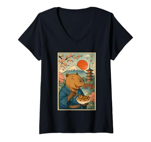 Damen Capybara trägt Kimono Essen Takoyaki Fuji Kirschblüten T-Shirt mit V-Ausschnitt Damen Capybara trägt Kimono Essen Takoyaki Fuji Kirschblüten T-Shirt mit V-Ausschnitt von Funny Capybara Eating Tokoyaki Japanese Aesthetic