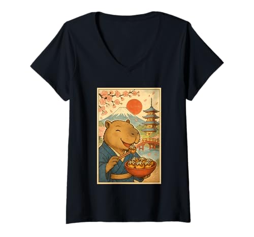Damen Capybara trägt Kimono Essen Takoyaki Fuji Kirschblüten T-Shirt mit V-Ausschnitt Damen Capybara trägt Kimono Essen Takoyaki Fuji Kirschblüten T-Shirt mit V-Ausschnitt von Funny Capybara Eating Tokoyaki Japanese Aesthetic