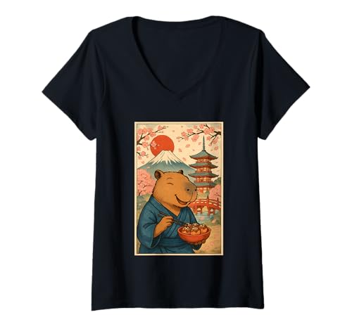 Damen Capybara trägt Kimono Essen Takoyaki Fuji Kirschblüten T-Shirt mit V-Ausschnitt Damen Capybara trägt Kimono Essen Takoyaki Fuji Kirschblüten T-Shirt mit V-Ausschnitt von Funny Capybara Eating Tokoyaki Japanese Aesthetic