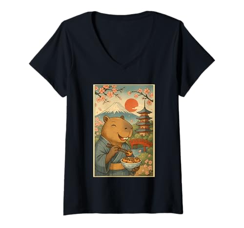 Damen Capybara trägt Kimono Essen Takoyaki Fuji Kirschblüten T-Shirt mit V-Ausschnitt Damen Capybara trägt Kimono Essen Takoyaki Fuji Kirschblüten T-Shirt mit V-Ausschnitt von Funny Capybara Eating Tokoyaki Japanese Aesthetic